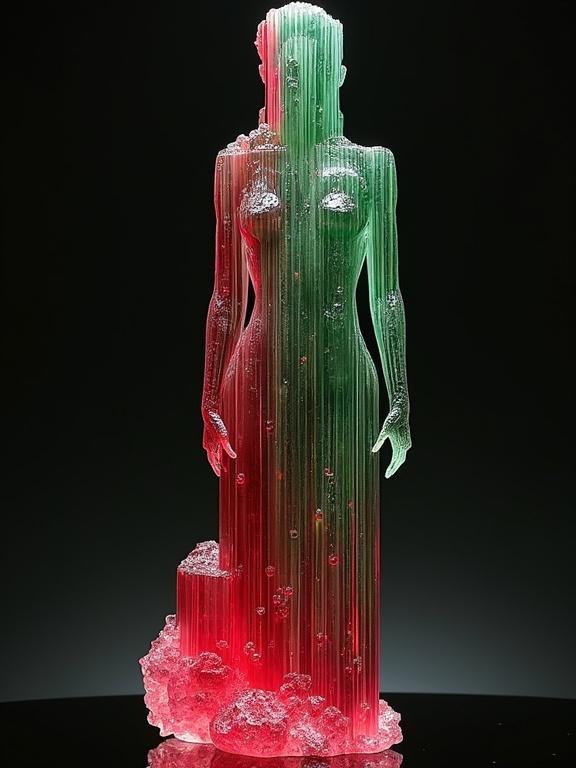 Female form made of tourmaline crystal with vertical stripes. Crystal in red and green. Everything is made of tourmaline. Background also includes crystals. Image features red-green hues.
