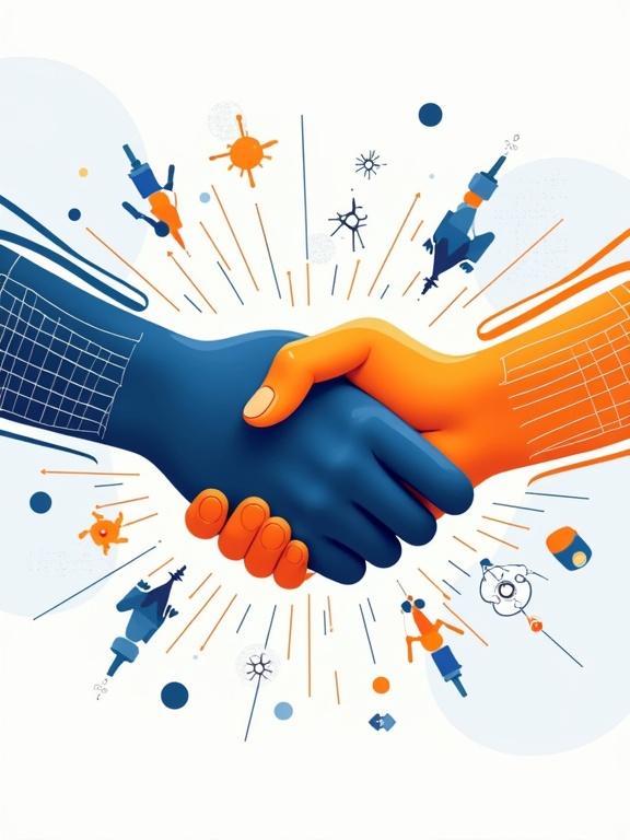 Stylized abstract representation of a handshake symbolizing business cooperation in hi-tech technology. Bold shapes intertwine with blues and oranges suggesting collaboration and energy. Dynamic composition integrates abstract office elements in the background. Exudes energetic and collaborative atmosphere.