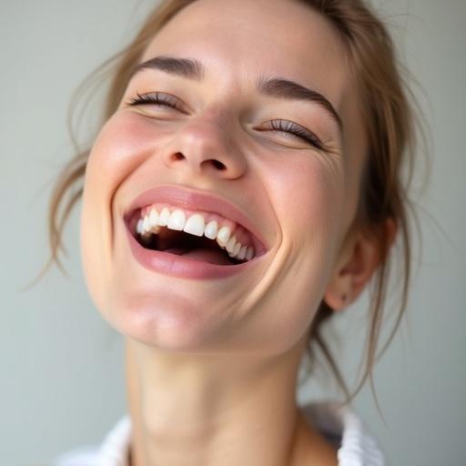 A woman smiling widely with an expressive laugh. She has engaged teeth and lips. Her hair is casually styled. The background is simple and soft in color.