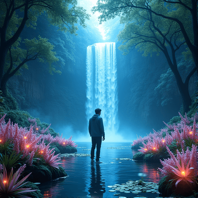 A person stands in a serene water body surrounded by lush plants, gazing at a majestic waterfall in a mystical forest.