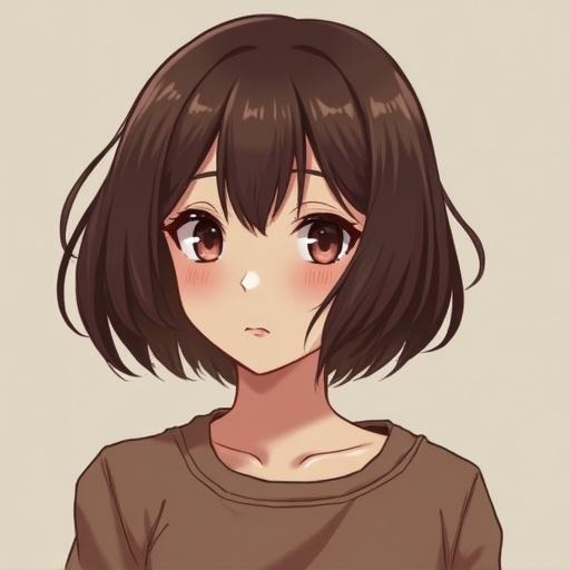 Anime character with a bob cut hairstyle and brown hair. Displays a thoughtful expression with big eyes.