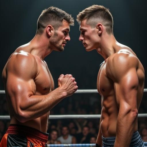High school wrestlers about to fight. Two muscular athletes in a wrestling ring. They are facing each other with determined expressions. The crowd is visible in the background, creating an energetic atmosphere.