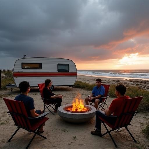 Four individuals seated in chairs around a round metal fire pit. A vintage caravan with a red stripe in the background. Scrub area behind the caravan. Beach with rock pools and waves in the distance. Stormy sky at sunset.