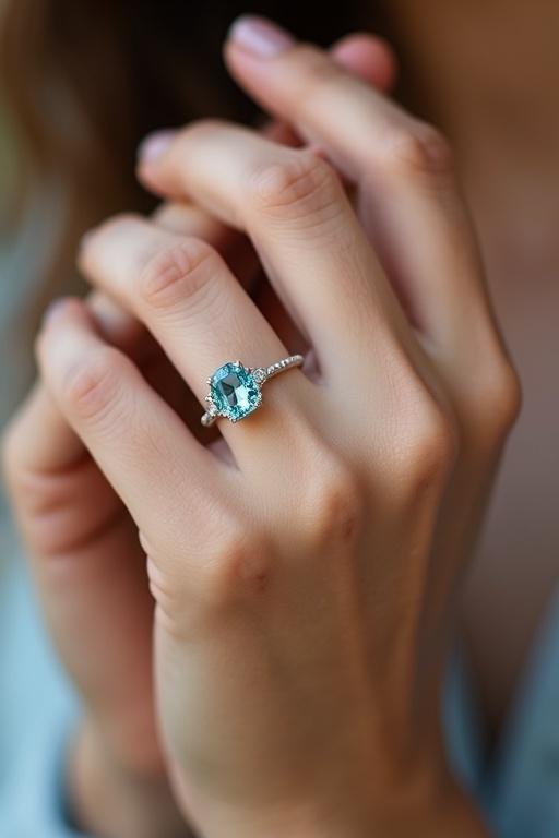 Close-up of a hand wearing an aquamarine ring. The focus is on the small aquamarine stone. Only the hands are visible.