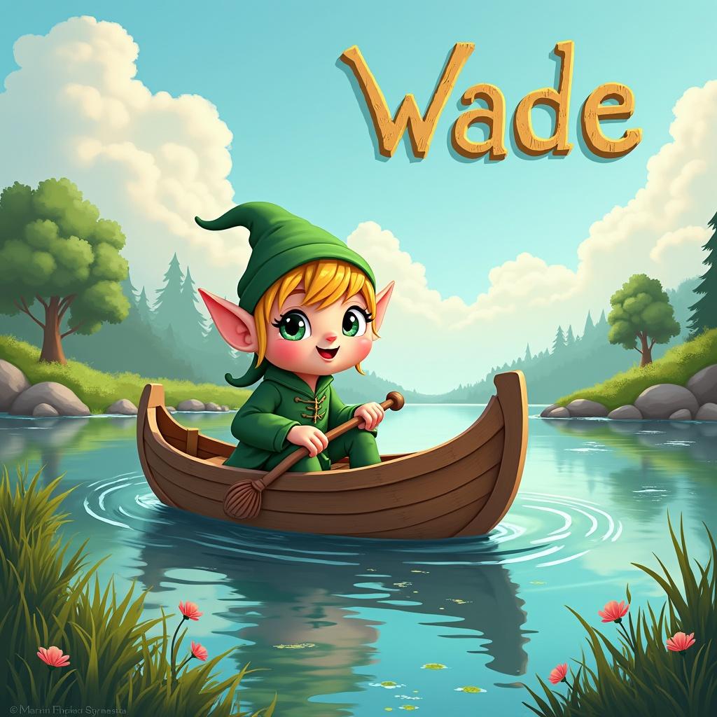 Illustration of an elf on a boat surrounded by nature with the name Wade in the sky