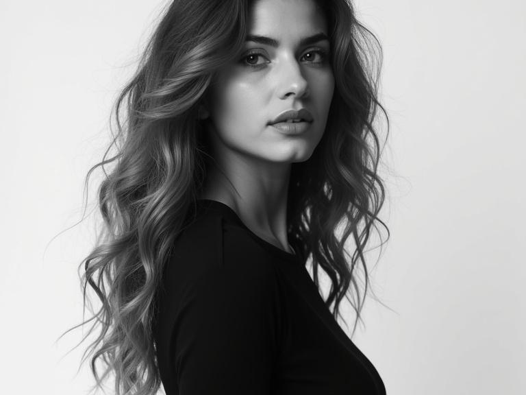 Striking black and white portrait of a woman with long wavy hair. She wears a black dress in a minimalist studio setting. Studio lighting creates highlights.