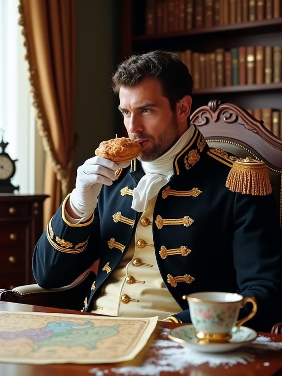 Napoleon Bonaparte seated on an ornate wooden chair in a decorated room. Dressed in full military regalia including a gold-buttoned coat and silk neck scarf. Biting into a pastry wrapped in parchment paper. Soft light streams through tall windows with velvet drapes. Mahogany table scattered with battle maps. Silver coffee cup on the table. Calm and contemplative expression. Bookshelves and an antique clock in the backdrop.