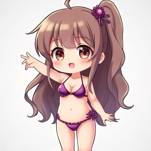 Anime character with chibi proportions wearing a bikini. The character has long hair and a playful expression. Background is simple and light-colored.