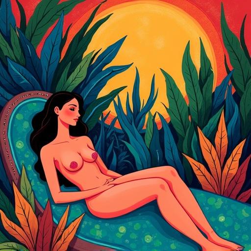 A woman lounges in a lush jungle filled with abstract foliage. The artwork is inspired by Matisse and embodies Fauvism. Bright colors dominate the scene creating a warm atmosphere.