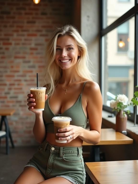 A blonde woman smiles holding two drinks in a sunny cafe. She wears a green top and high-rise shorts. A brick wall and large windows are in the background. The image has a bright, soft look with slight grain.