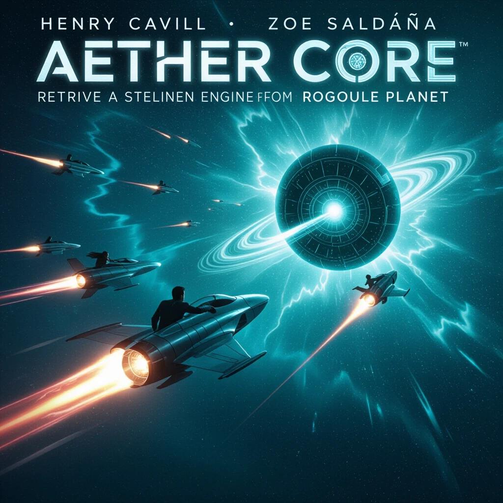 AETHER CORE movie poster featuring Henry Cavill and Zoe Saldaña. Sci-fi film about retrieving a stolen quantum engine from a rogue planet. Space jets race through wormhole rings surrounded by energy storms. Title displayed prominently with unique style. Teal nebula lighting and energy pulses create an engaging space-epic tone with elements of tech and magic.