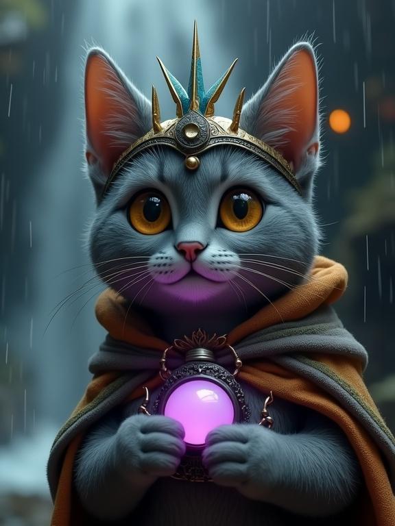 A close-up shot of a gray anthropomorphic cat character in a dark, forested atmosphere. The cat has large amber eyes and a pleasant expression. It wears a metallic crown with pointed edges and a dark collar with a glowing orb. The cat holds an ornate orb that emits purple light. The background features a blurred waterfall and misty lighting effects.