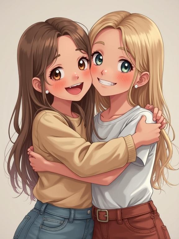 Two girls embracing each other and smiling at the camera. Both have light hair and are casually dressed. Background is neutral. Their expressions are warm and friendly.