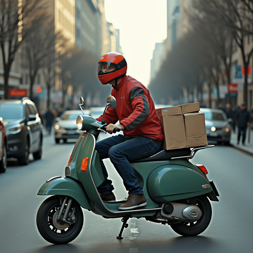 A person wearing a red and gray jacket and helmet rides a green scooter carrying boxes through a bustling city street.