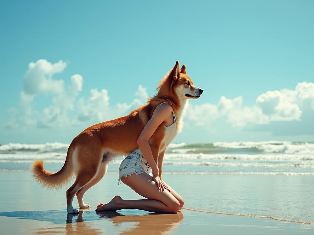 A redhead woman is kneeling on a beach, with her arms partially raised and her body bent forward. A large dog is positioned on her back, creating a surreal and imaginative scene. The background features a bright blue sky with scattered clouds and gentle waves lapping at the shore. The lighting is bright and natural, illuminating the vibrant colors of the scene.