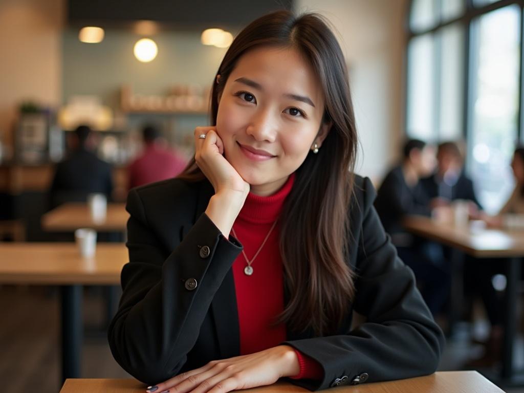 A young woman is sitting at a table in a café, looking confidently at the camera. She has long, straight hair and is wearing a red sweater under a black blazer. The background shows a modern café interior with some patrons seated at tables. There is a light, relaxed atmosphere with warm lighting. The woman has her chin resting on her hand, showing a thoughtful pose, while her other arm is gently placed on the table. She wears simple earrings and has polished nails.