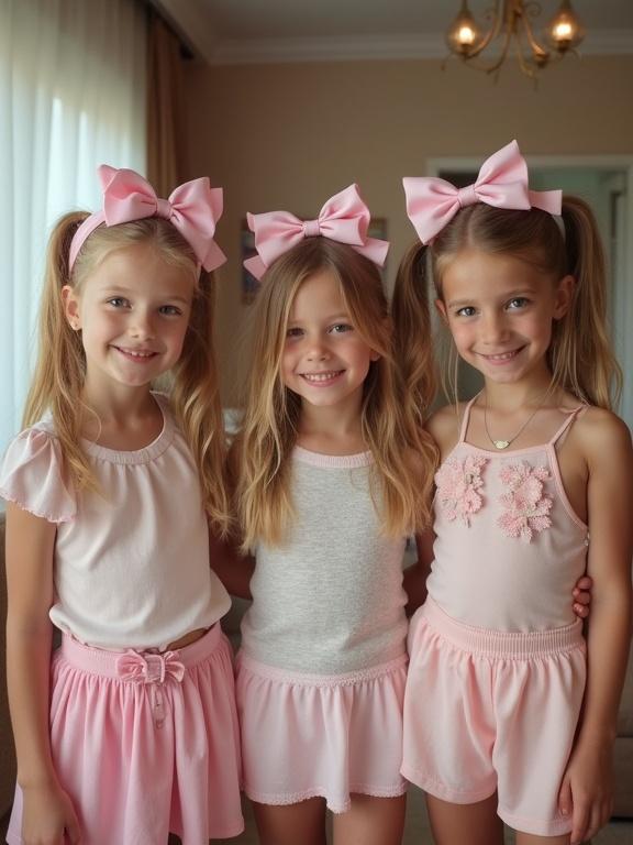 Three girls at a birthday party, blonde hair, long lush twin tails, pink bows, living room setting, smiling, wearing pink outfits, youthful appearance, playful atmosphere