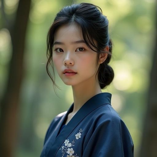 Elegant young woman with dark hair styled in a loose bun. Wearing a deep blue traditional Japanese-inspired robe with subtle white floral details. Delicate silver necklace. Serene expression. Soft sunlight filtering through trees. Blurred forest background. Peaceful atmosphere. Detailed cinematic lighting. Photorealistic.