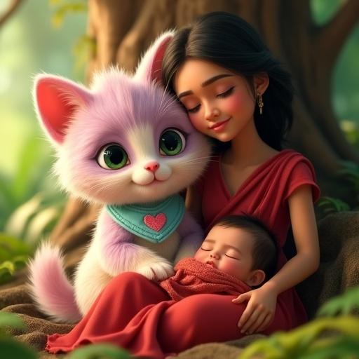 Fluffy anthropomorphic kitten in pastel colors with expressive eyes. Realistic baby asleep in mother's lap. Young woman in red sari strokes the baby's hair. All rest under a massive tree surrounded by greenery. Gentle golden light illuminates the scene.
