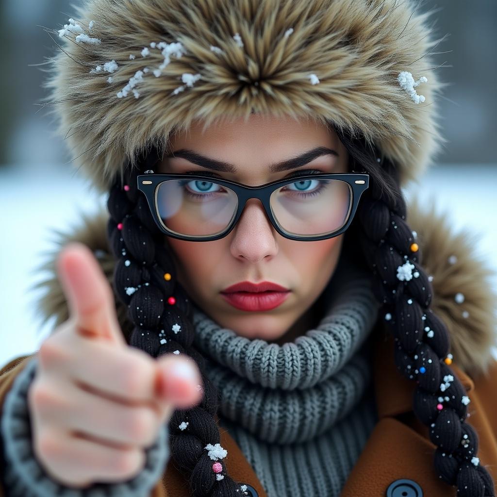 Close-up portrait of a woman with a large fur hat and oversized glasses. Long dark hair styled in boxbraids with beads and colored highlights. Intense angry expression with furrowed eyebrows and piercing blue eyes. Shaking finger in a scolding gesture. Dressed in a thick knitted turtleneck sweater and heavy winter coat. Snowflakes visible on hair and clothing. Background shows a snowy outdoor environment.