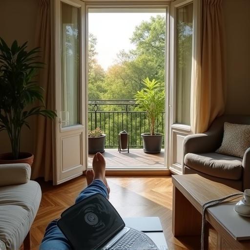 Sunday afternoon experience in a comfortable living room. Person sitting on a couch with crossed legs. Laptop placed on legs. Open glass door leads to a sunlit balcony. Green trees and plants seen outside. Clear sky with no direct sun in view. Parquet wood floor with a coffee cup on a small table.