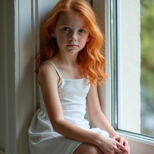Portrait of a girl with ginger hair and freckles wearing a fitted white dress sitting on a window seal. Soft natural light illuminates her face.