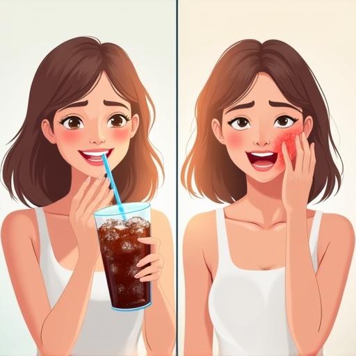 A split-screen illustration. Left side: a young woman drinking a cold soda, smiling, clean pink gums and teeth. Right side: the same woman appears in pain, holding her cheek, red inflamed gums, cold frost effect from the straw. Warm brown and white tones for professional look.