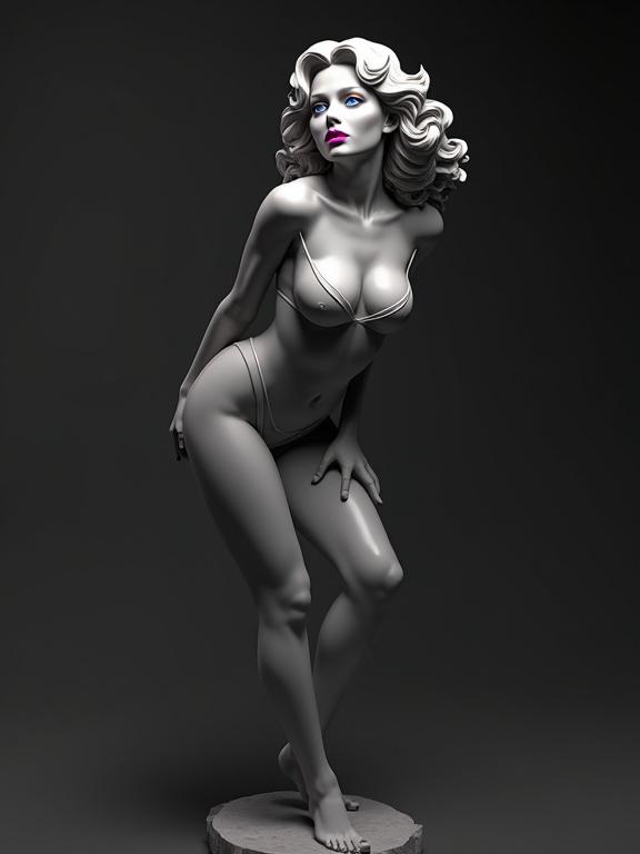 A 3D black and white sensual statue depicts an attractive femme fatale. The figure has a stunning body and short dress. Long legs are accentuated. Vivid pink lips and blue eyes create a color pop. The style incorporates grey and black pixels.