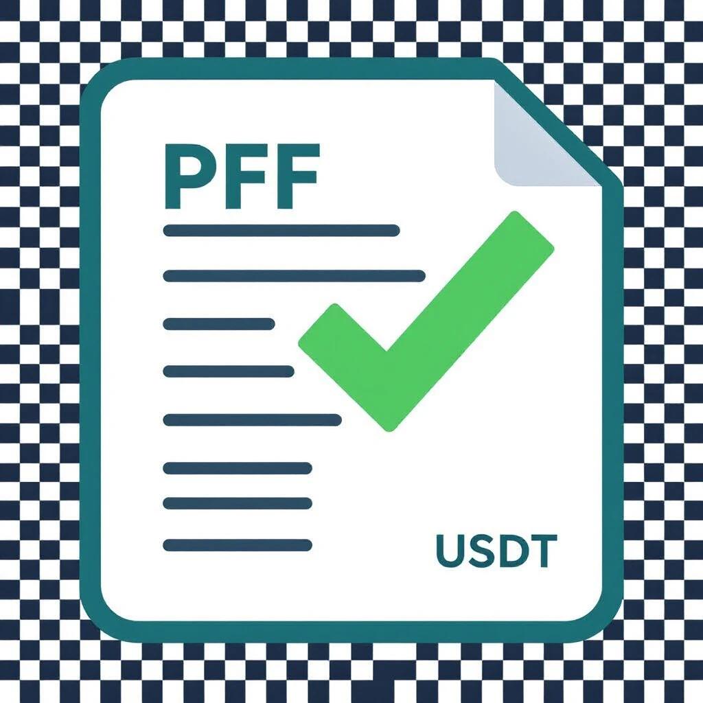 Minimal logo shows PDF receipt verification service. Dark teal document icon slightly open. Bold green checkmark overlays. USDT symbol in bottom right corner. Clean geometric shapes flat design. Background transparent.