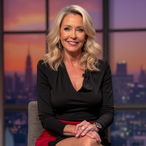 A 65 year-old TV presenter appears stylish. She wears a very short miniskirt paired with elegant boots. The setting is modern, hinting at a lifestyle theme. Her posture displays confidence and poise.