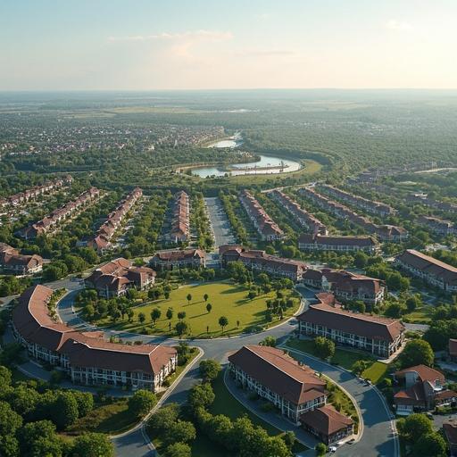 Aerial view of middle-ring suburbs. Gated communities are present with middle-class housing. Nearby shopping malls appear in the landscape. Fields of green and winding streets create the layout. 