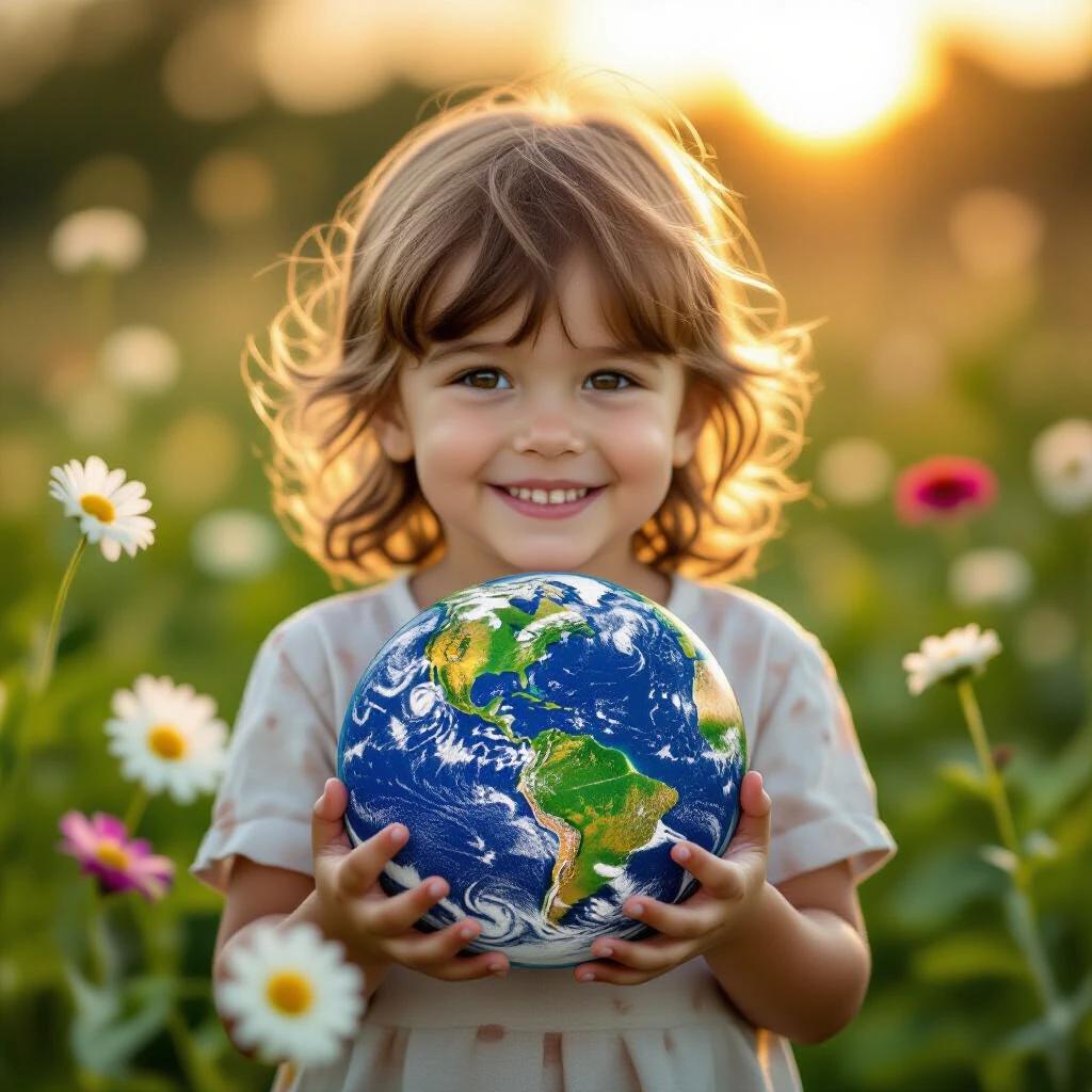 Child holds globe with flowers nearby. Soft warm light creates a friendly atmosphere. Image represents environmental awareness and health issues. Suitable for educational purposes.