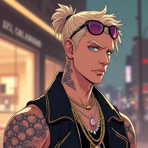 Anime scene set in 2121. Young man with silver eyes. Handsome features. Short, light brown spiky hair styled in a ponytail. Dressed in expensive hip hop streetwear. Wears light pink diamond jewelry. Showcases tattoos and well-defined muscles. Shopping inside a chic Gucci store. A quarter Brazilian, French, and Japanese heritage. Morning in springtime. Sunglasses resting atop his head. Exudes an A-list celebrity vibe.