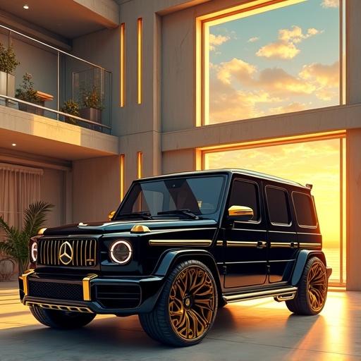 Anime style depicting a super futuristic modern mega mansion garage in Tokyo with a light gold and onyx black G Wagon parked inside. Illustration captures a summer noon atmosphere with sleek, oversized architecture.