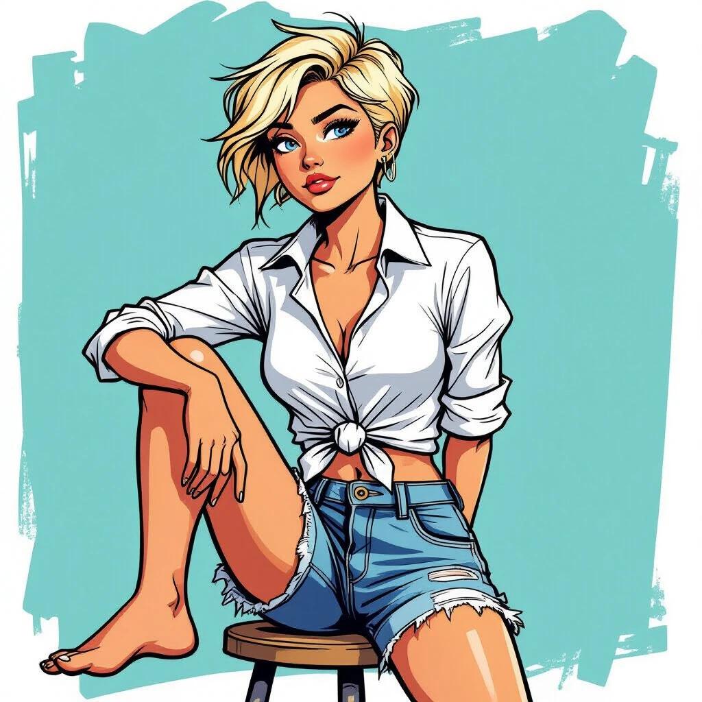 A young woman in a side view. She has bright blue eyes and a crew cut with straw-blonde hair. Appears determined. Wears ripped denim shorts and a knotted white shirt. Hands are behind her back and shoulders are hunched. Image in semi-realistic comic style with bold lines.