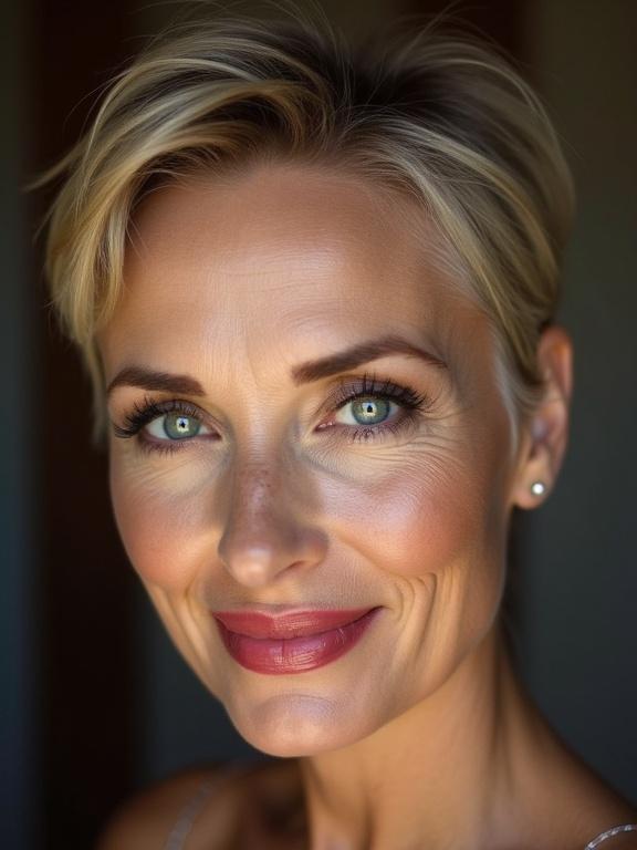 Mature woman with short hair and well-applied makeup. Close-up of face showing radiant skin and a smile. Her eyes are bright and engaging. She wears subtle lipstick and has a natural appearance.