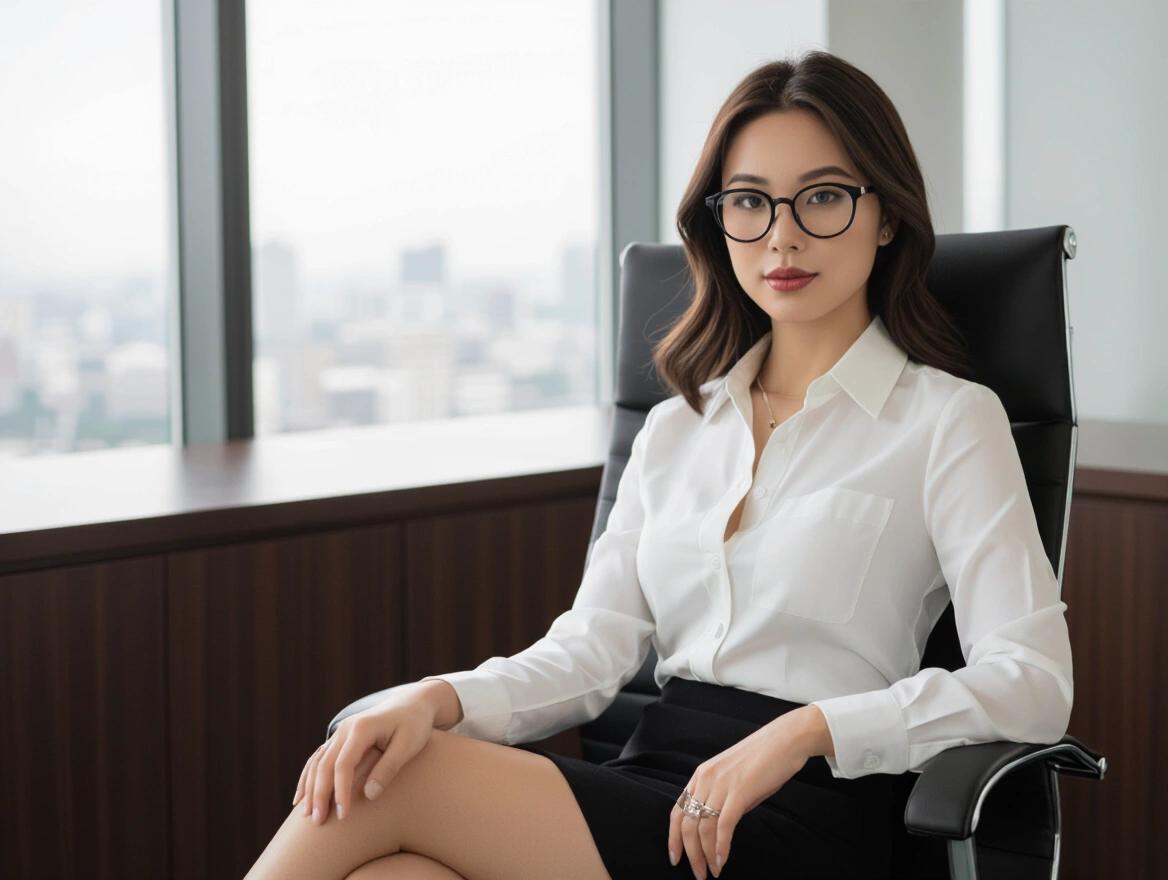 A woman of Asian descent wearing a white blouse and business skirt sits in an office chair. She has brown eyes and brunette hair. A professional ambiance highlights her attire and confidence.