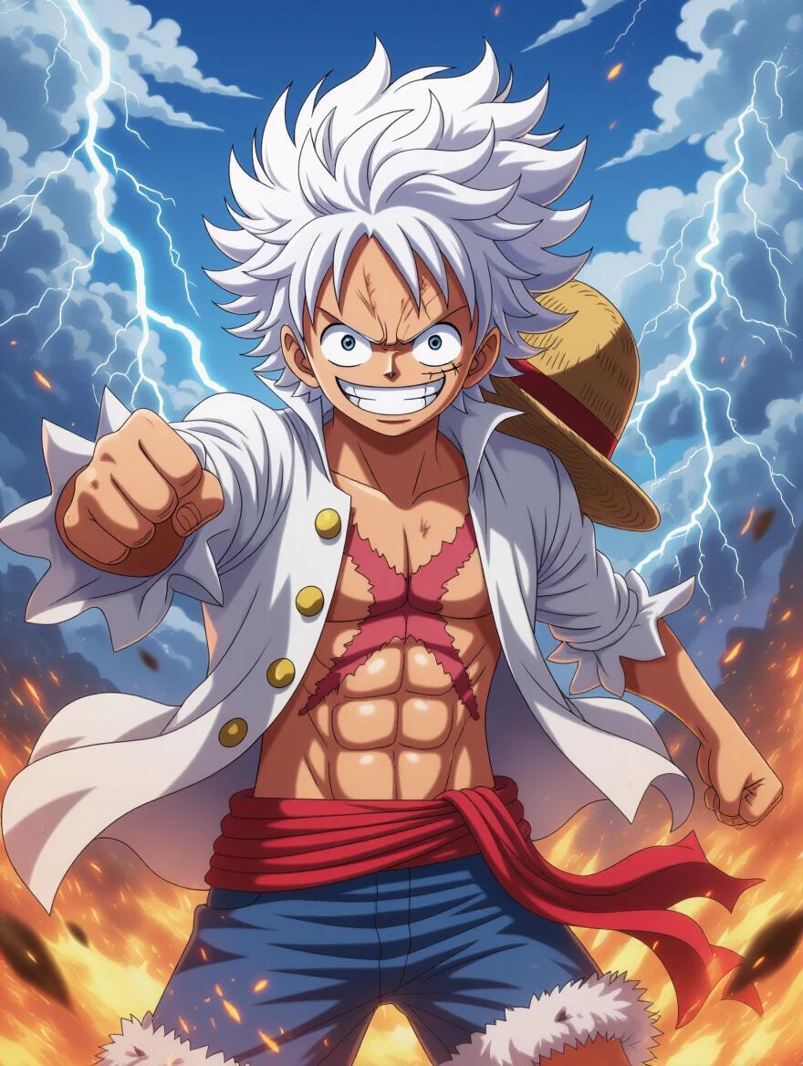 Monkey D. Luffy in Gear 5 with wild white hair and large eyes. Big smile and muscular chest visible. Wearing a white coat with gold buttons and straw hat on back. Fist extended, surrounded by storm clouds and lightning. Intense cinematic scene with dramatic lighting and fire sparks.