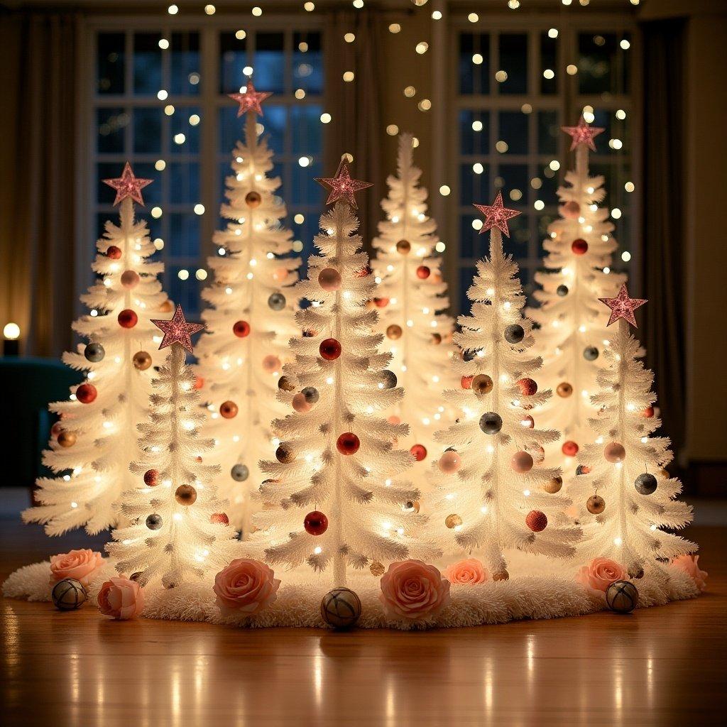 Image depicts a cluster of artificial Christmas trees in various sizes. Trees are white with lights, adorned with pastel ornaments. Flowers are placed around the base creating a fairy forest vibe. Room has a cozy ambiance with soft lighting.