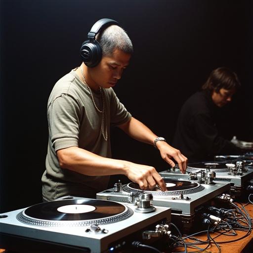 DJ Anthony Poon from Hong Kong performing on two turntables. The DJ cuts records and showcases turntable tricks. Scene set at the 1992 Ortofon World DJ Mixing Championships eliminations. The mixer is positioned on the right side of the turntables. Performance is energetic and fast-paced.