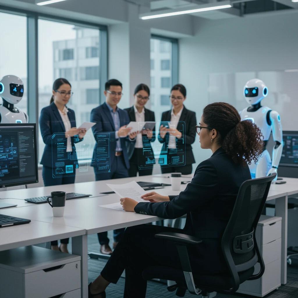 A corporate office scene. One professional sitting at a desk overwhelmed. Group of confident colleagues in the background. They collaborate with AI-powered tools and robots. The lone professional looks anxious holding paper. Scene highlights fear of missing out due to AI adoption.