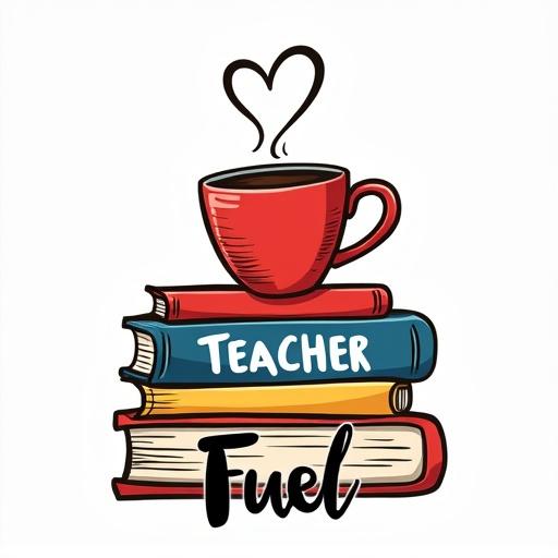 Cheerful t-shirt design for teachers featuring a stack of colorful books with a steaming coffee mug on top. Steam forms a heart shape. The text 'Teacher Fuel' is in a bold, handwritten-style font, colored black. Design is on a transparent background, with a vector-art style and subtle chalkboard texture. High-resolution, optimized for t-shirt printing.
