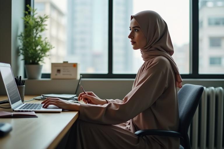 adult hijabi woman from the UAE sitting cross-legged at a desk with a laptop and notebook
