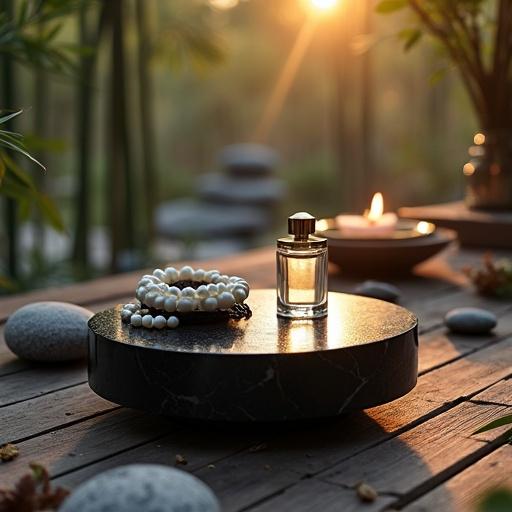 Perfume bottle on a high-gloss black surface surrounded by stones in a tranquil setting with soft lighting. A candle flickers in the background. Pearls are scattered on the table with autumn leaves.