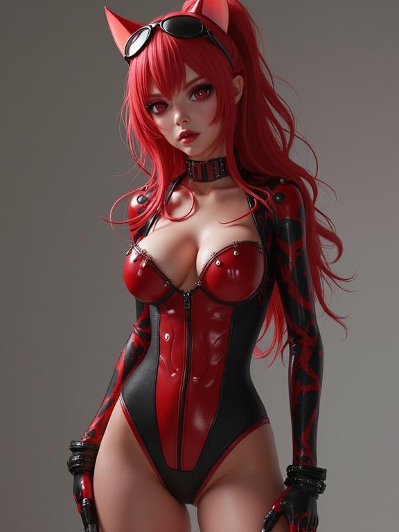 Character in a tight-fitting catsuit with red and black color scheme. Long red hair and stylish accessories enhance the design. Character strikes a confident pose.