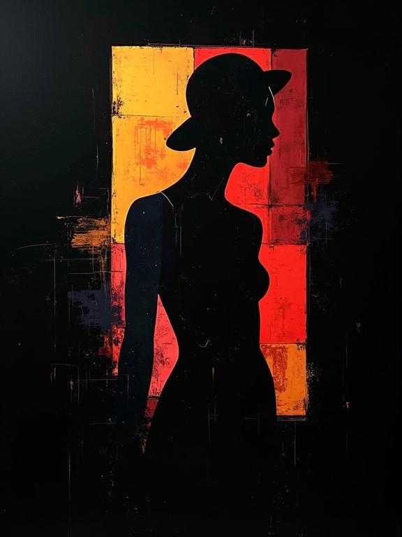 Digital painting with an analytic Cubist style. Features a bright orange circle against a black background. Abstract shapes and lines resemble cubist elements. Painting has harsh strokes and flat colors throughout. Minimalist in design with themes of formless voids of color. Unfinished elements present.