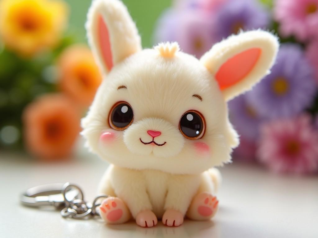 A cute, plush bunny with large eyes and a keychain, surrounded by blurred colorful flowers, in a soft and pastel color palette.