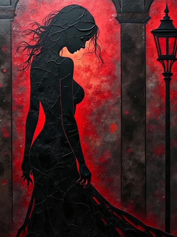 Gothic style artwork features a woman silhouette in black against a dark red background. The composition evokes mystery and eroticism. Strong contrasts highlight the female form and surroundings.