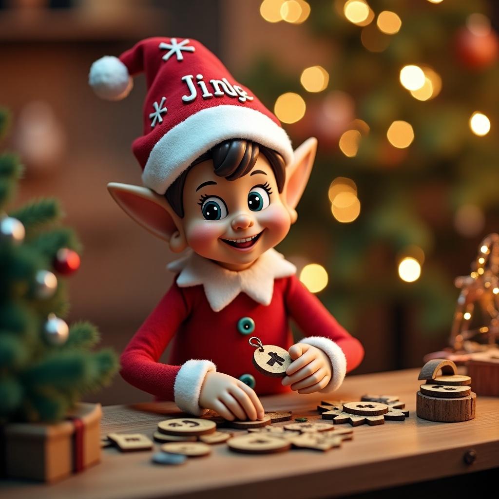 A Christmas elf wearing a hat with the name Jingle. The elf is creating wooden keychains. The setting is festive with decorative elements around.