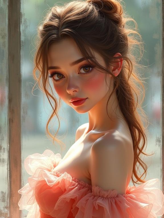 Anime character with jelly eyes styled in a symbolic attire. Featuring a soft, luminous dress with layered ruffles. Bright and pastel color scheme with warm lighting creates a dreamy atmosphere.